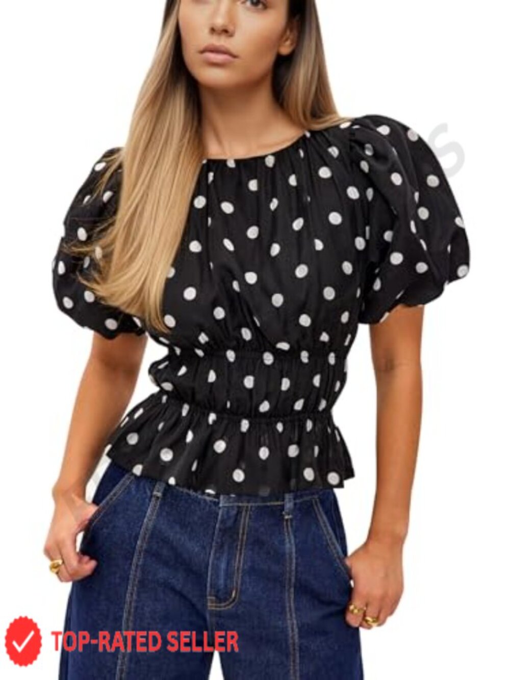 Polka Dot Peplum Blouse Puff Short Sleeve Ruched Waist Ruffle Hem Women's Top